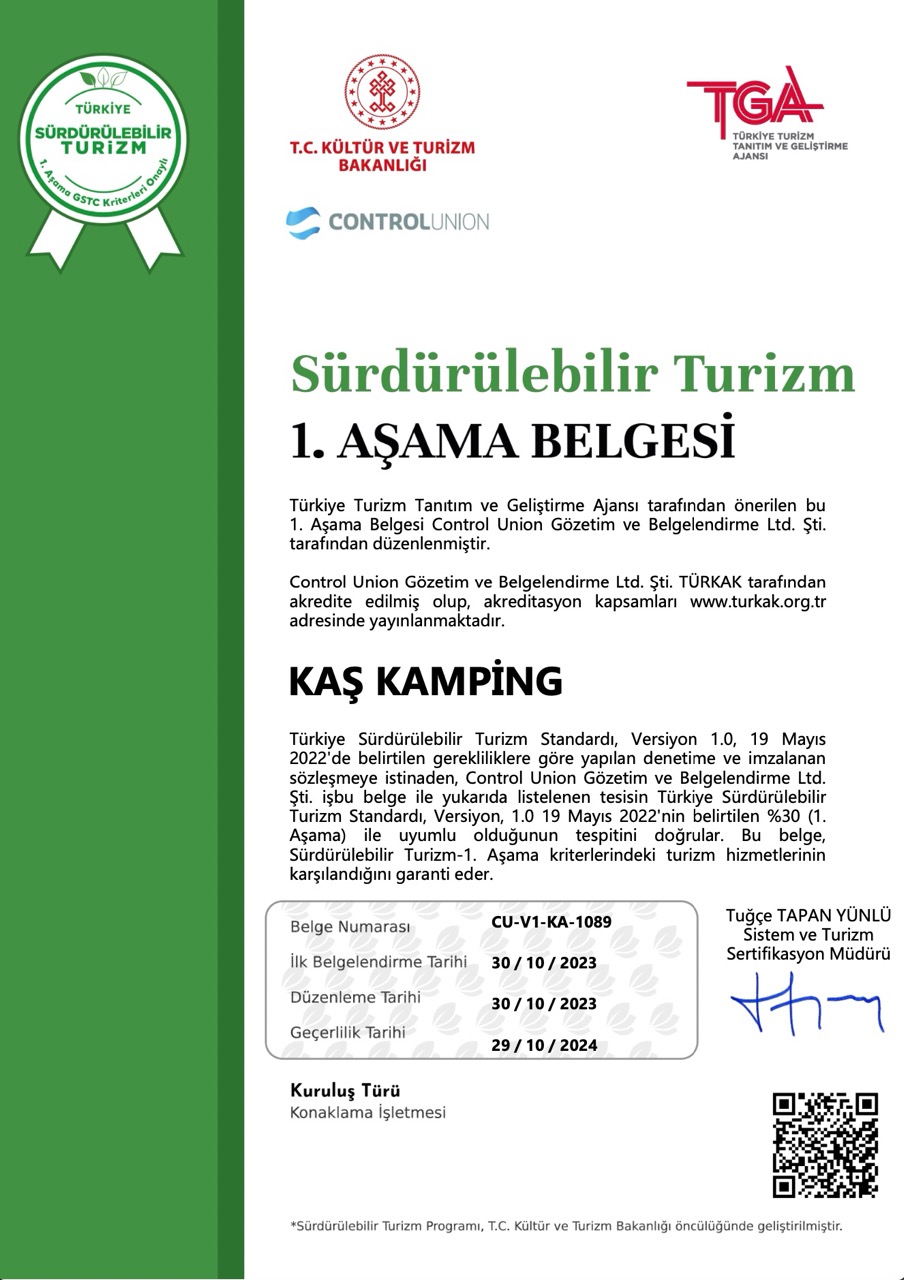 Kaş Kamping - Sürdürülebilir Turizm Belgesi